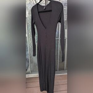 Forever 21 Black Ribbed Long Sleeve Button-Front Dress